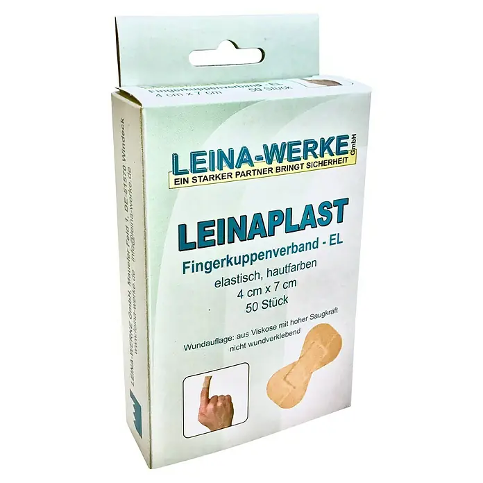 Leina-Werke Fingerkuppenverband - 50 Stk., 4 x 7 cm, Elastisch - Packung Leina-Werke Leinaplast Fingerkuppenverband EL, elastisch, hautfarben, 4 cm x 7 cm, 50 Stück, zur Versorgung von Fingerkuppenverletzungen.
