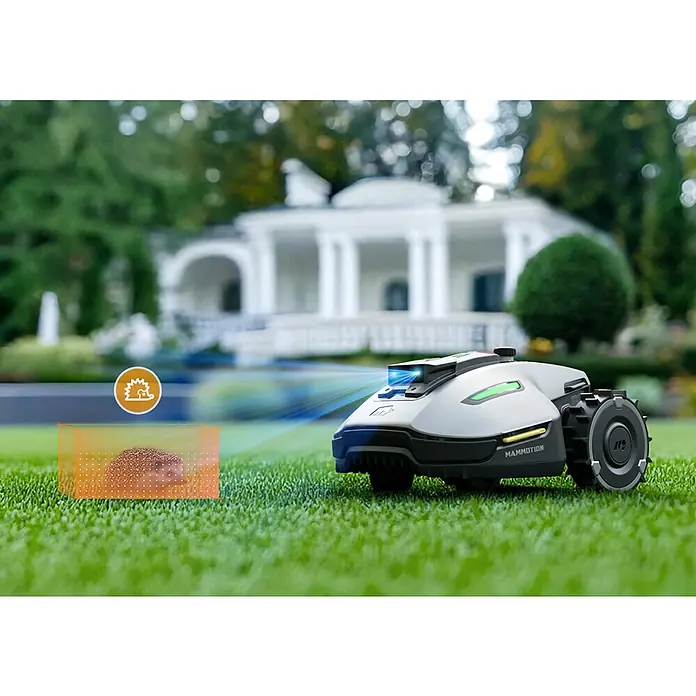 Mammotion Mähroboter Yuka Mini 800800 m², Schnittbreite: 190 mm, Satellitengestützte Navigation, RTK - Ein Mammotion-Mähroboter im Einsatz, der Hindernisse wie Igel erkennt und umfährt, mit einem Haus im Hintergrund.