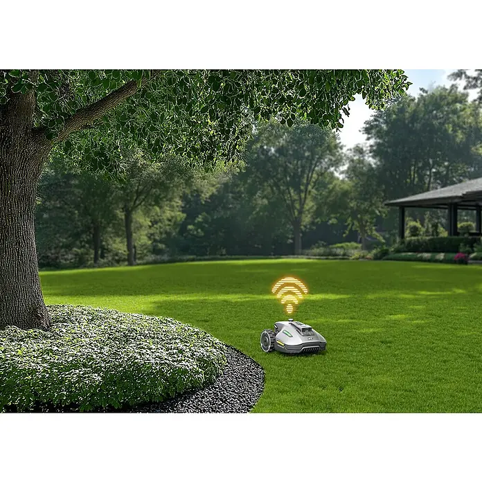 Mammotion Mähroboter Yuka Mini 800800 m², Schnittbreite: 190 mm, Satellitengestützte Navigation, RTK - Ein autonomer Rasenmäher mit WLAN-Symbol steht auf einem grünen Rasen vor einem üppigen Garten.