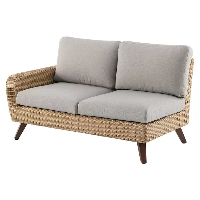 Sofá de conjunto Royal Riviera - Beige, An x Pr x Al: 234 x 89 x 75 cm, Aluminio/Ratán sintético - Sofá de dos plazas con estructura de mimbre marrón trenzado, cojines gris claro y patas de madera oscura.