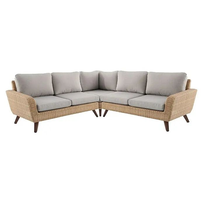 Conjunto de muebles Royal sofá esquinero + mesa - 2 pzs., Ratán sintético/Aluminio, Beige - Elegante sofá de mimbre con cojines gris claro, perfecto para la relajación con estilo en interiores y exteriores con su bello diseño.