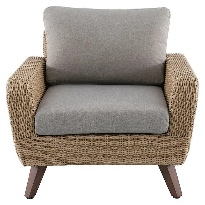 Conjunto de muebles Royal sofá + sillones + mesa - 4 pzs., Ratán sintético/Aluminio, Beige - Elegante sillón de ratán con cojines grises, ideal para exteriores, que ofrece comodidad y diseño moderno.