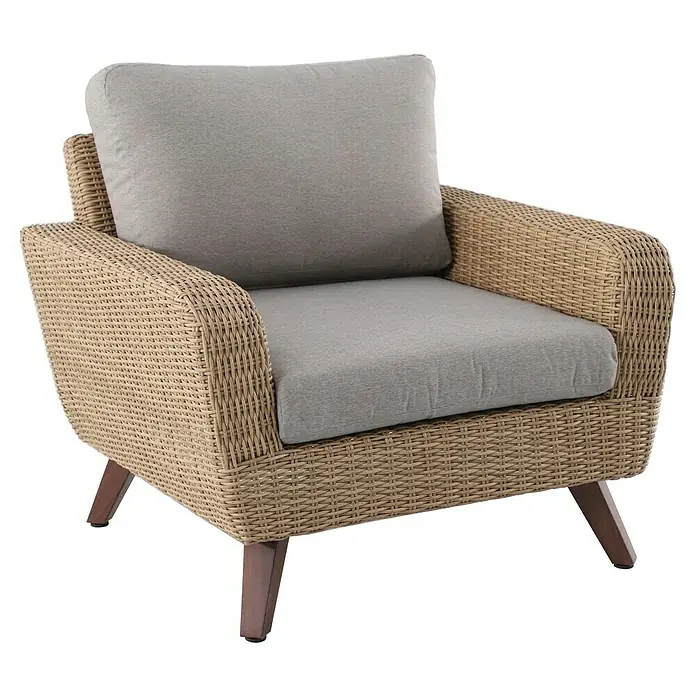 Conjunto de muebles Royal sofá + sillones + mesa - 4 pzs., Ratán sintético/Aluminio, Beige - Sillón de ratán con cojines grises para relajarse al aire libre. Perfecto para terraza y jardín.