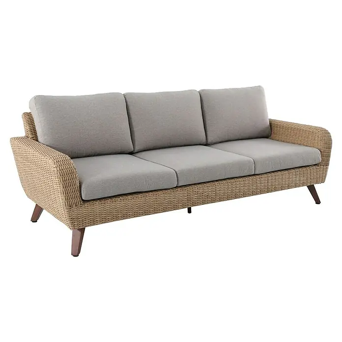 Conjunto de muebles Royal sofá + sillones + mesa - 4 pzs., Ratán sintético/Aluminio, Beige - Elegante sofá de ratán con tres cojines grises, que ofrece confort y estilo a cualquier espacio habitable. Perfecto para relajarse al aire libre.