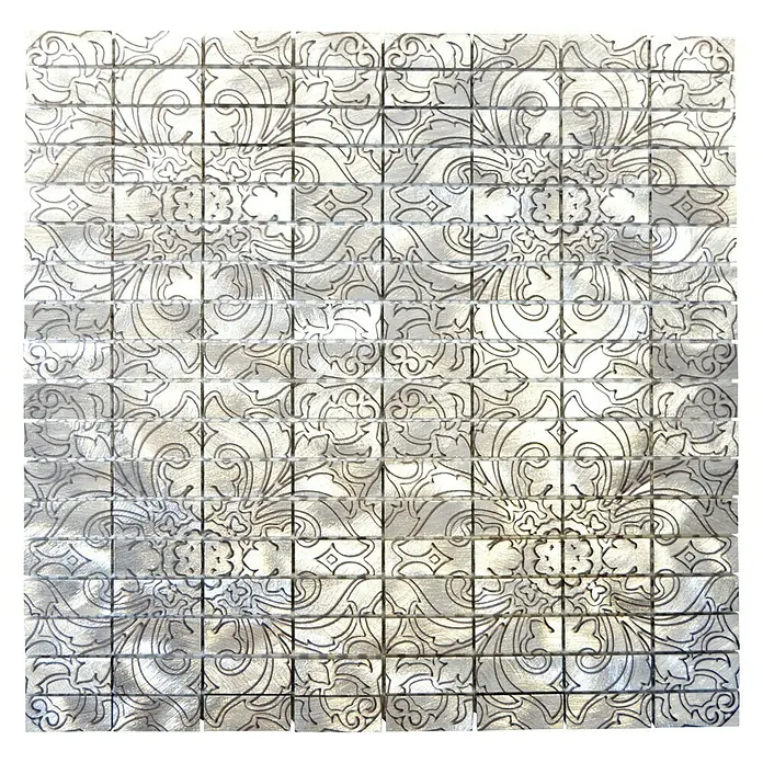 Mosaikfliese Rechteck ALF C101D - 30 x 30 cm, Silber, Matt - Silbernes Mosaikfliesen-Dekor mit einem komplizierten floralen Design. Diese Fliesen sind eine elegante Wahl für jeden Raum.