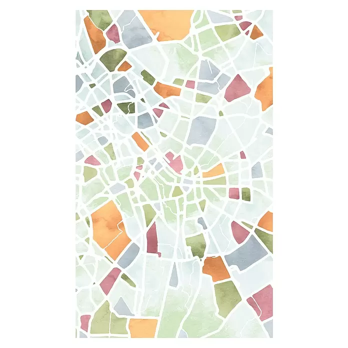 Komar Flair Fototapete City Map - B x H: 150 x 250 cm, Vlies - Abstraktes Aquarellmuster aus unregelmäßigen Formen in Pastellgrün, Orange, Rot und Blau, ähnlich einer Stadtkarte oder einem Mosaik.