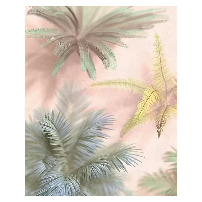 Komar Flair Fototapete Vague Botany - B x H: 200 x 250 cm, Vlies - Zarte pastellfarbene Tropenblätter, Palmen und Farne, werfen Schatten auf einem rosa Hintergrund.