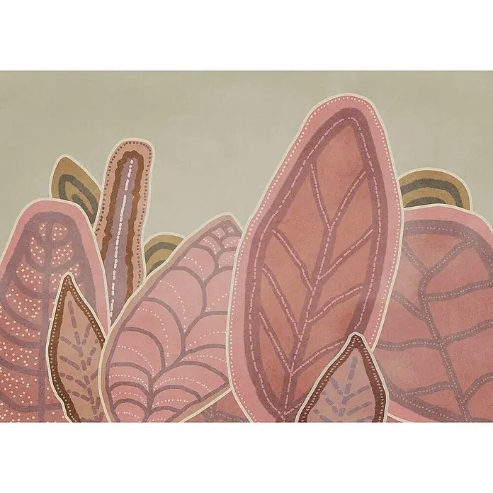 Komar Flair Fototapete Papunya Leafs - B x H: 350 x 250 cm, Vlies - Eine Nahaufnahme einer Illustration von rosa Blättern mit weißen Umrissen und Punktmustern auf beigem Hintergrund.