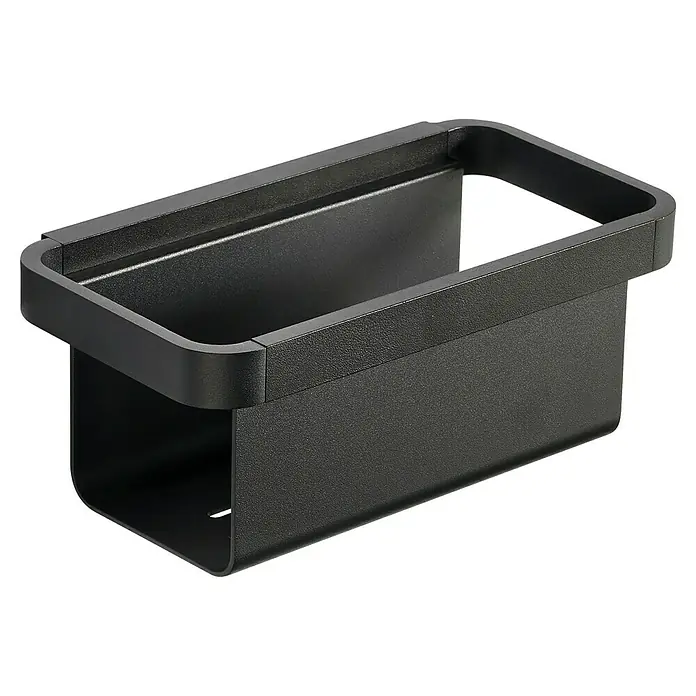 Zone Denmark Duschkorb RIM - 22 x 11,4 x 9 cm, Black, Matt - Nahaufnahme eines modernen, schwarzen Behälters, ideal für Büro oder Zuhause, präsentiert auf dunklem Hintergrund.