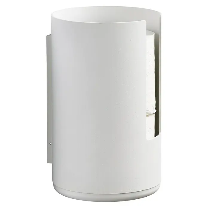 Zone Denmark Toilettenpapierhalter RIM - White, 13,2 cm - Ein Papierhandtuchspender in Weiß. Der Spender ist zylindrisch geformt und zur Wandmontage vorgesehen und ist mit einer Papierhandtuchrolle befüllt.