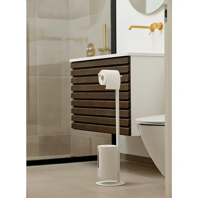 Zone Denmark WC-Bürstengarnitur RIM - ABS-Kunststoff, White, 20 cm - Freistehender Toilettenpapierhalter in Weiß mit praktischem Ersatzrollenhalter für ein modernes Badezimmer.