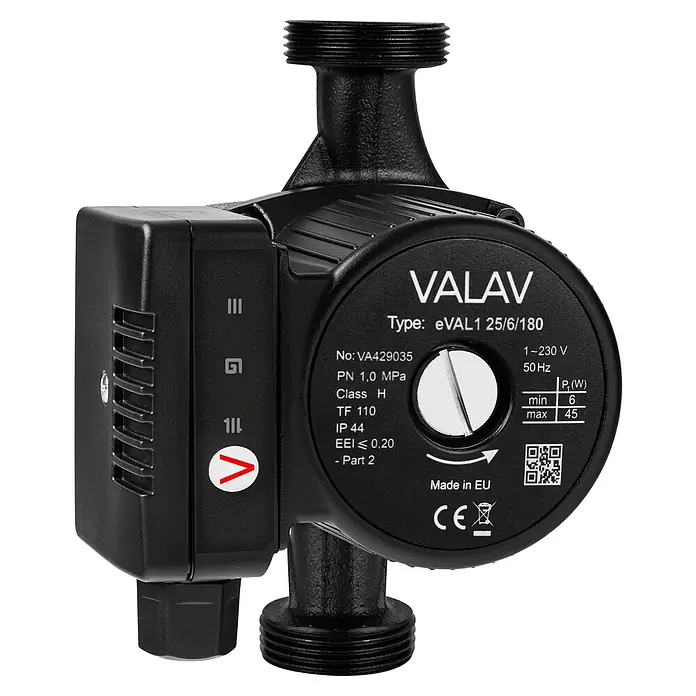 Umwälzpumpe eVAL1 25/4/180 - Durchmesser: 25 mm, Förderhöhe: 4 m, Einbaulänge: 180 mm - Nahaufnahme einer schwarzen VALAV eVAL1 25/6/180 Heizungspumpe mit Produktdetails und technischen Daten.