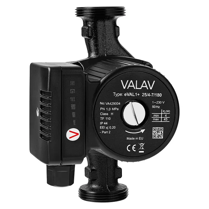 Umwälzpumpe eVAL1+ 25/4-7/180 - Durchmesser: 25 mm, Förderhöhe: 7 m, Einbaulänge: 180 mm - Schwarze Umwälzpumpe mit elektronischer Steuerung und technischen Spezifikationen auf dem Gehäuse.