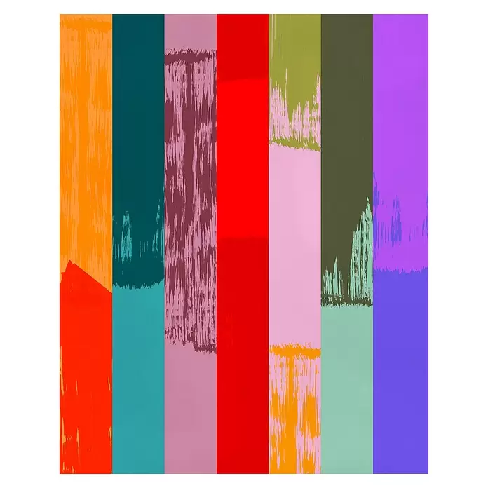 Komar Flair Fototapete Fehlfarben - B x H: 200 x 250 cm, Vlies - Neun vertikale Streifen in verschiedenen Farben, teils mit sichtbaren Pinselstrichen und Farbtexturen.