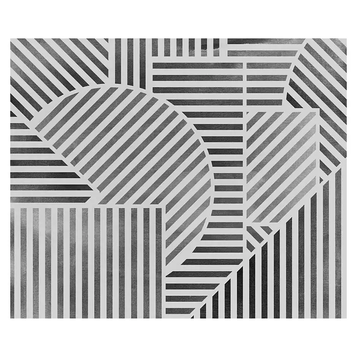 Komar Flair Fototapete Jeux de Lignes - B x H: 300 x 250 cm, Vlies, Schwarz/Weiß - Abstraktes geometrisches Muster mit sich kreuzenden schwarzen, grauen und hellgrauen Streifen.