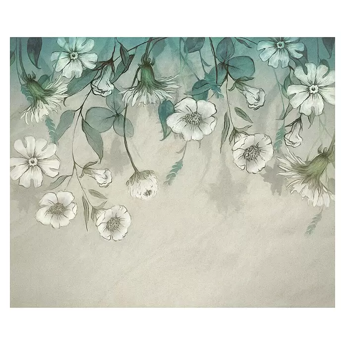 Komar Flair Fototapete I Fiori - B x H: 300 x 250 cm, Vlies - Zarte Aquarellillustration mit weißen Blüten und grünem Laub, die einen hellen, strukturierten Hintergrund umranden.