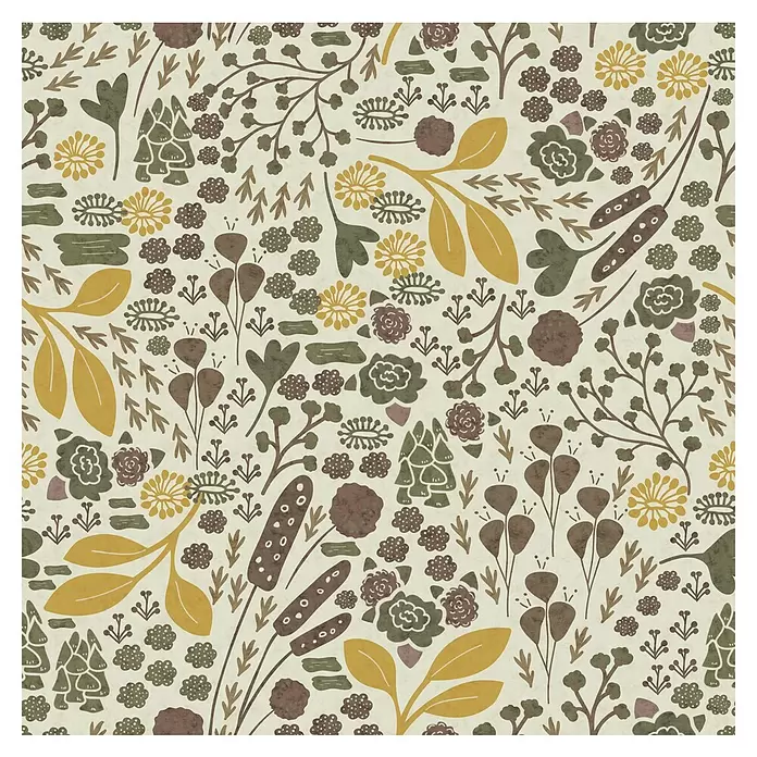 Komar Flair Fototapete Wild Fields - B x H: 250 x 250 cm, Vlies - Nahtloses botanisches Muster mit handgezeichneten Blättern, Blumen und Zweigen in Olivgrün, Senfgelb und Brauntönen.