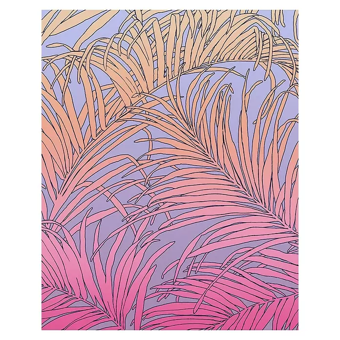 Komar Flair Fototapete Palm Fog - B x H: 200 x 250 cm, Vlies - Künstlerische Illustration von Palmenblättern in einem Farbverlauf von Pfirsich bis Pink, mit dunklen Linien auf lavendelfarbenem Hintergrund.