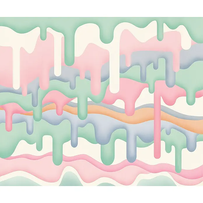 Komar Flair Fototapete Melt - B x H: 300 x 250 cm, Vlies - Abstrakte Kunst mit pastellfarbenen Farbklecksen und geschwungenen Linien, die eine beruhigende und verspielte Atmosphäre schaffen.