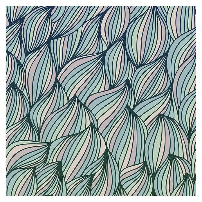 Komar Flair Fototapete Gentle Waves - B x H: 250 x 250 cm, Vlies - Nahtloses organisches Muster mit wellenförmigen, verbundenen Formen in Pastellblau, Grün und Rosa, umrandet in Dunkelblau/Grün.