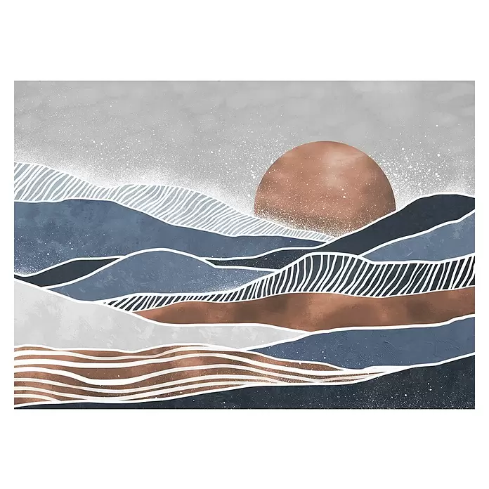 Komar Flair Fototapete Shades of Greece - B x H: 350 x 250 cm, Vlies - Abstrakte Landschaftskunst mit geschichteten Bergen in Blau, Grau, Braun, einer Terrakotta-Sonne und weißen Sprenkeln. Modernes Design.