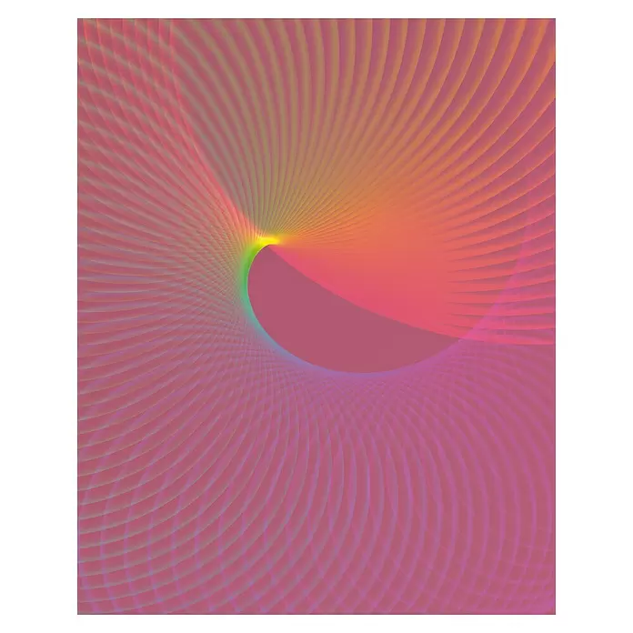 Komar Flair Fototapete Frequenz - B x H: 200 x 250 cm, Vlies - Abstraktes Design: transluzente, wirbelnde Linien in einem lebendigen Farbverlauf von Rot zu Gelb, Grün und Blau, mit einem schillernden hellen Punkt.