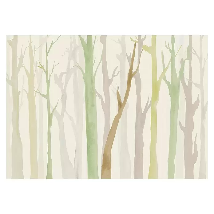 Komar Flair Fototapete Shadow Woods - B x H: 350 x 250 cm, Vlies - Wald-Tapete im Aquarellstil mit Bäumen in gedeckten Grün-, Braun- und Grautönen.