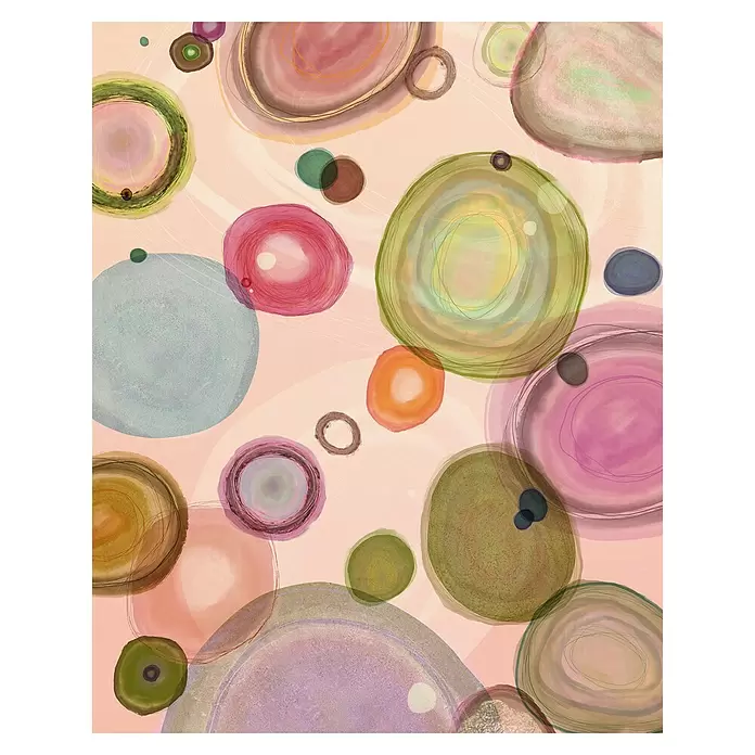 Komar Flair Fototapete Microcosmos - B x H: 200 x 250 cm, Vlies - Abstrakte Kunst mit überlappenden, bunten, durchscheinenden Kreisen und organischen Formen in Grün, Pink, Lila und Orange auf weichem Pfirsichhintergrund.