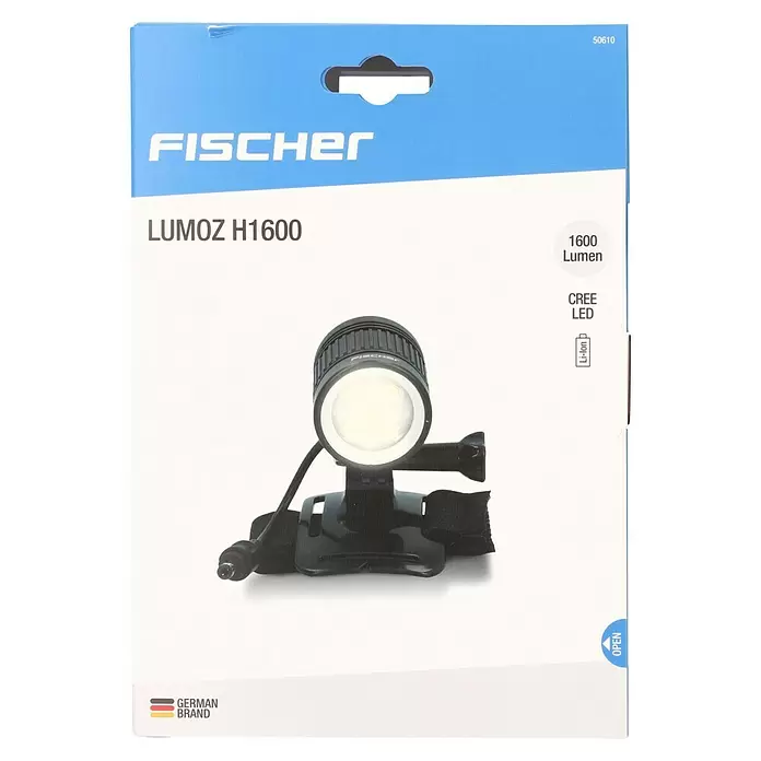 Fischer LED-Leuchte Akku - Beleuchtungsstärke: 1.600 lx - Eine schwarze Fischer LUMOZ H1600 1600 Lumen CREE LED Stirnlampe mit Band, auf hellblauer und weißer Verpackung.