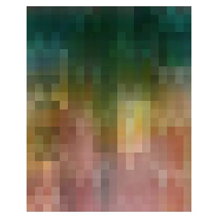 Komar Flair Fototapete Paper Pixels - B x H: 200 x 250 cm, Vlies - Pixelierter abstrakter Farbverlaufshintergrund, von tiefen Grüntönen zu warmen Gelb-, Orange- und Rosatönen übergehend.