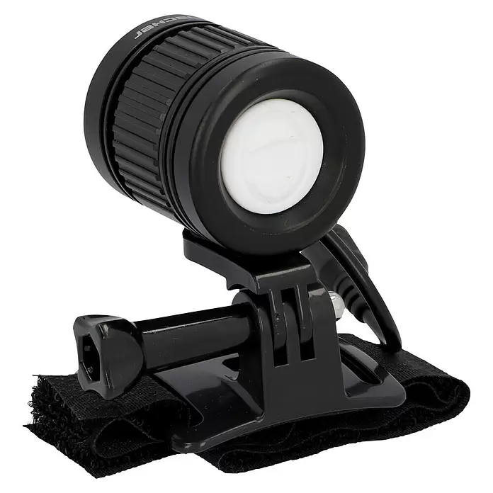 Fischer LED-Leuchte Akku - Beleuchtungsstärke: 1.600 lx - Schwarze Kompaktleuchte mit weißer Linse, montiert auf einem verstellbaren schwarzen Gurt mit Klettverschluss.