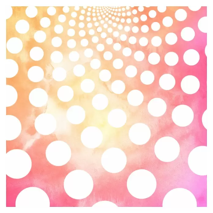 Komar Flair Fototapete Fibonacci Sunset - B x H: 250 x 250 cm, Vlies - Weiße Tupfen in Spiralform auf einem Aquarell-Farbverlauf von Gelb, Orange und Pink.