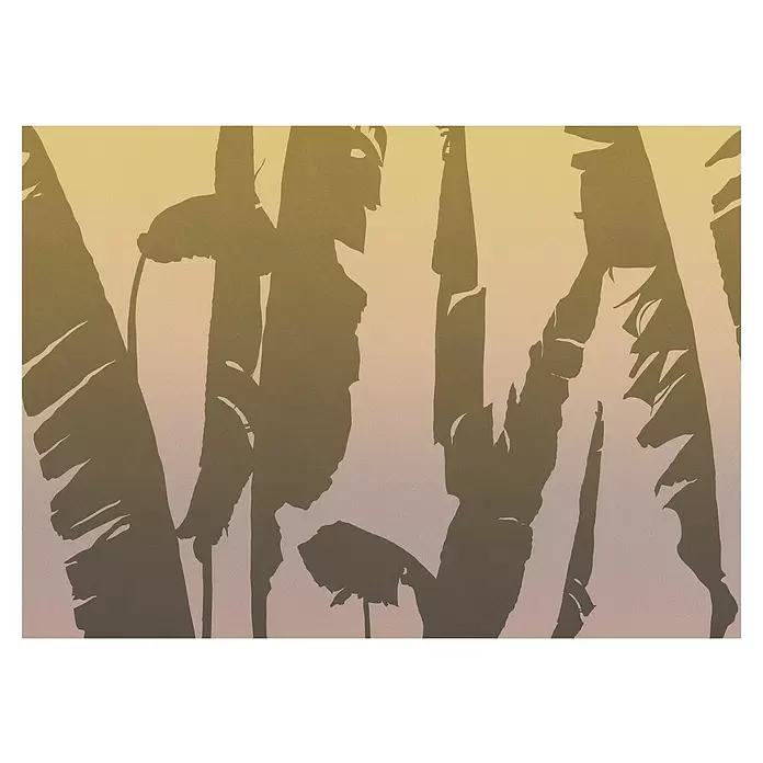 Komar Flair Fototapete Bahama Bananas - B x H: 350 x 250 cm, Vlies - Stilisierte dunkle Silhouetten tropischer Blätter auf gelb-rosa Farbverlaufshintergrund.