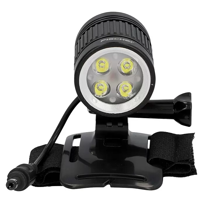 Fischer LED-Leuchte Akku - Beleuchtungsstärke: 1.600 lx - Schwarze LED-Stirnlampe mit 4 gelben LEDs, silbernem Rand und schwarzer Gurtbefestigung.