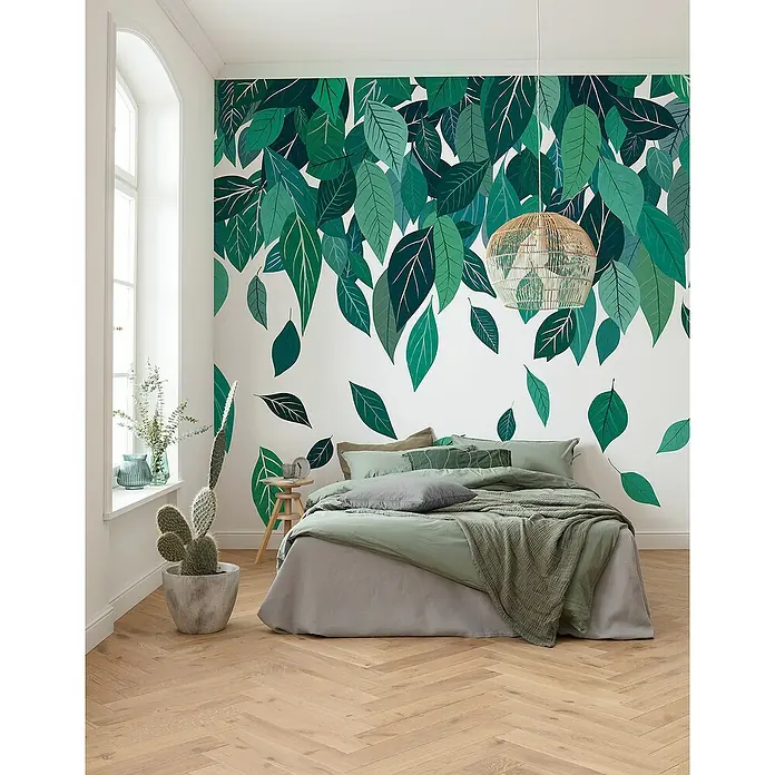 Komar Flair Fototapete Blätterchaos - B x H: 350 x 250 cm, Vlies - Schlafzimmer mit Blättertapete.
