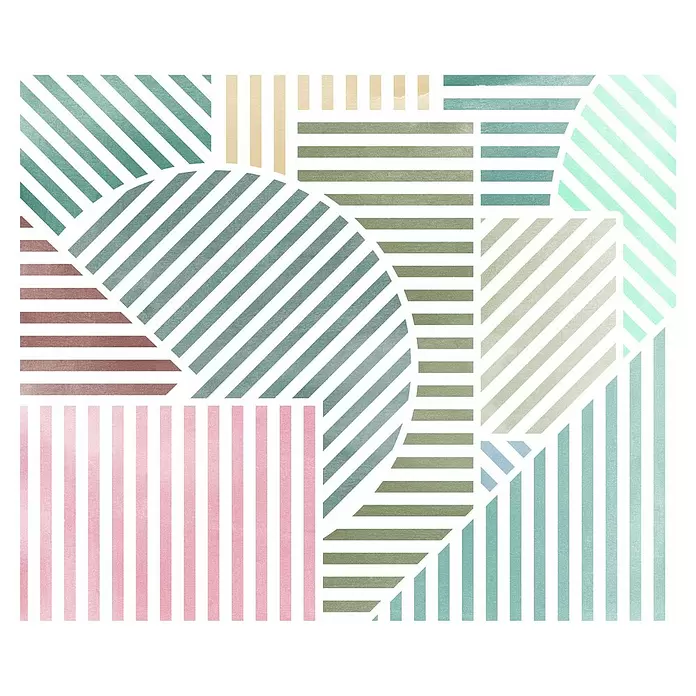 Komar Flair Fototapete Jeux de Lignes - B x H: 300 x 250 cm, Vlies, Bonbon - Buntes geometrisches Muster mit sich kreuzenden horizontalen, vertikalen und diagonalen Streifen in Grün-, Blau-, Rosa-, Braun- und Beigetönen.