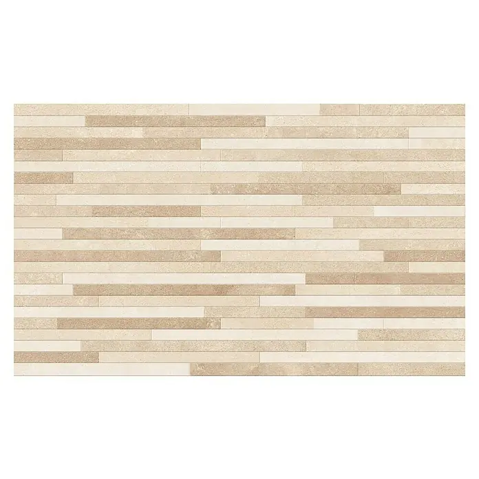 Revestimiento de pared Cantera Mureto - 33 x 55 cm, Arena, Mate - Baldosas de pared beige con un patrón de rayas horizontales que crean un aspecto elegante y moderno en la habitación. Perfecto para baño o cocina.