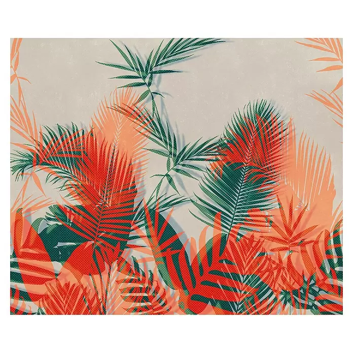 Komar Flair Fototapete Tropical Trip - B x H: 300 x 250 cm, Vlies - Stilisiertes, geschichtetes Tropenlaub in Rot-Orange und Dunkelgrün mit feinem Muster.