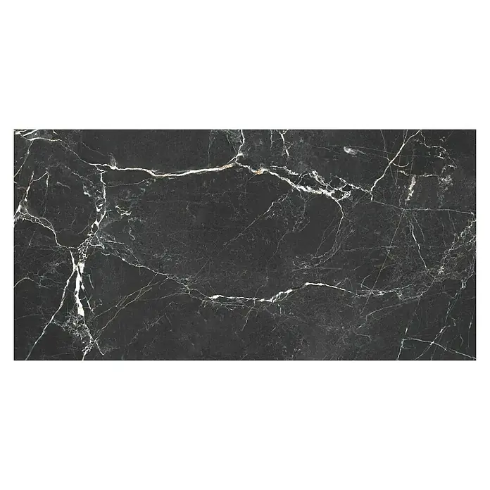 BHS Showroom Pavimento porcelánico Marble venato - 80 x 160 cm, Negro, Mate, Rectificado - Elegante losa de mármol negro con llamativas vetas blancas, ideal para diseño de interiores de lujo y detalles elegantes.