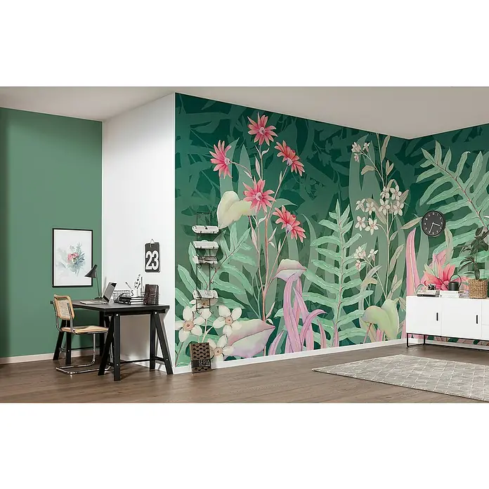 Komar Flair Fototapete The Flower Duet - B x H: 400 x 250 cm, Vlies - Exotische grüne Dschungel-Fototapete mit Blumen, die einen Hauch von Natur und Lebendigkeit in jeden Raum bringt. Ideal für ein stilvolles Ambiente.