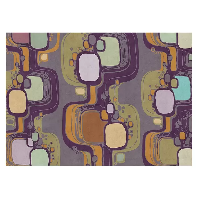 Komar Flair Fototapete Masterpiece - B x H: 350 x 250 cm, Vlies - Retro-Abstraktmuster mit fließenden lila Linien, organischen grünen, orangefarbenen und hellen Formen.
