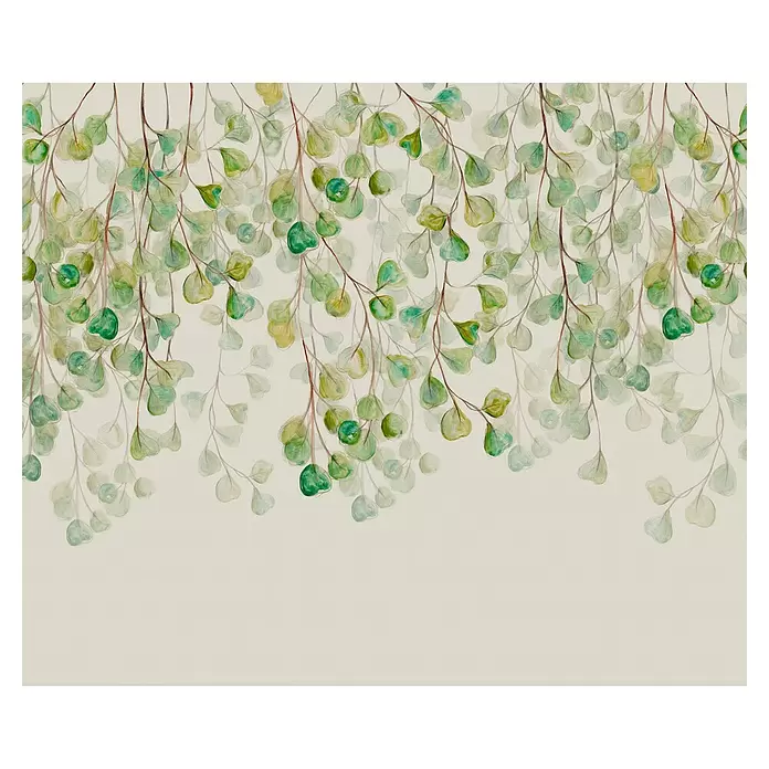 Komar Flair Fototapete Douche de Feuilles - B x H: 300 x 250 cm, Vlies - Aquarell-Illustration von hellen und smaragdgrünen Blättern an zarten Ästen, die anmutig herabhängen.