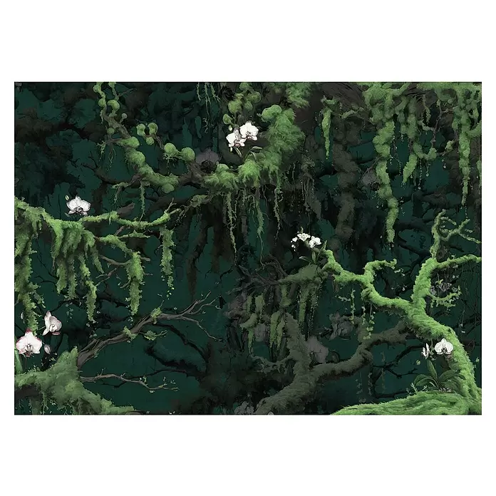 Komar Flair Fototapete Orch-Idee - B x H: 350 x 250 cm, Vlies - Dunkle, dichte Waldillustration mit moosbewachsenen Bäumen und weißen Orchideen. Tiefe Grün- und Petroltöne.
