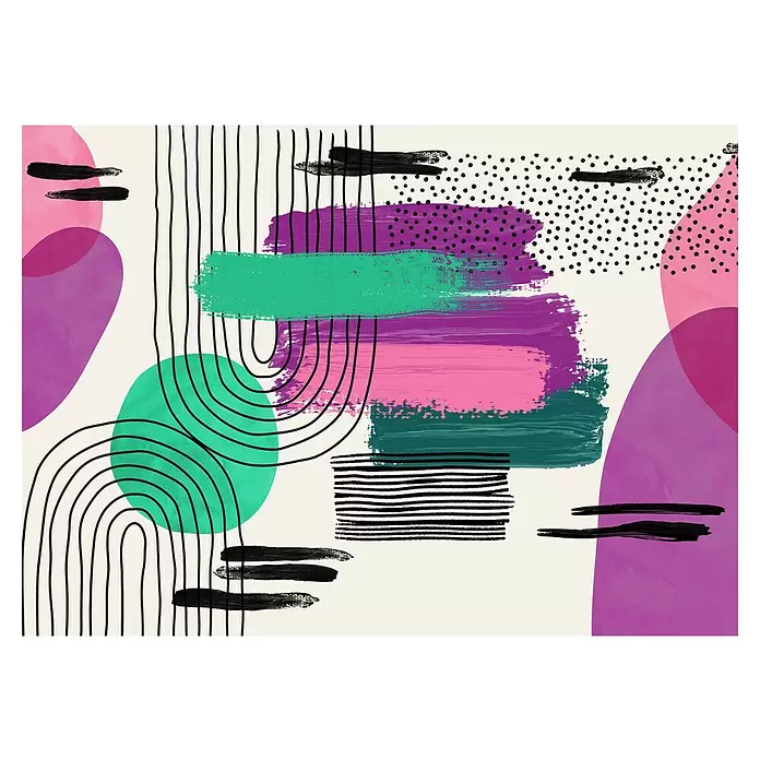 Komar Flair Fototapete La Boum - B x H: 350 x 250 cm, Vlies - Abstrakte Kunst mit rosa, lila und türkisfarbenen Formen, schwarzen Linien, Pinselstrichen und Punktmustern.