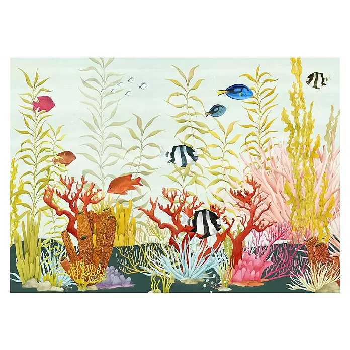 Komar Flair Fototapete Coral World - B x H: 350 x 250 cm, Vlies - Aquarell-Illustration einer lebendigen Unterwasser-Riffszene mit bunten Fischen, verschiedenen Korallen und hohem Seegras.