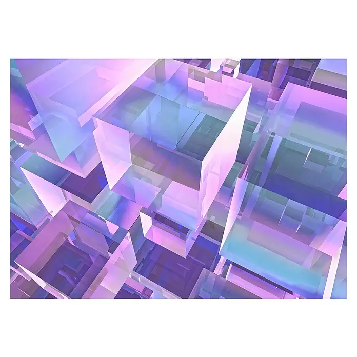 Komar Flair Fototapete Holographicubical - B x H: 350 x 250 cm, Vlies - Transluzente abstrakte Würfel in Lila, Blau und Pink mit einem irisierenden Effekt.