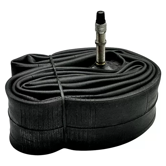 Fahrradschlauch - Pannensicher, 20 ", Dunlopventil - Schwarzer Gummi-Fahrradschlauch mit silbernem Presta-Ventil, ordentlich gefaltet.