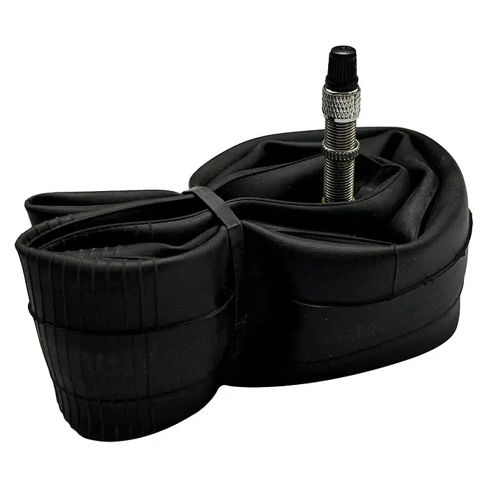 Fahrradschlauch Pannensicher - 12,5 ", 1,75 " - 2,25 ", Dunlopventil, Länge Ventil: 35 mm - Hier ist ein schwarzer Fahrradschlauch mit einem Ventil, der ordentlich zusammengerollt und mit einem Band gesichert ist.