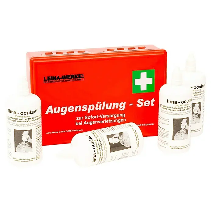 Leina-Werke Augenspülung-Set - 10 -tlg., Mit Wandhalterung - Erste-Hilfe-Set mit Augenspülung von tima-oculav. Das Set enthält Augenspüllösung zur schnellen Versorgung bei Augenverletzungen.