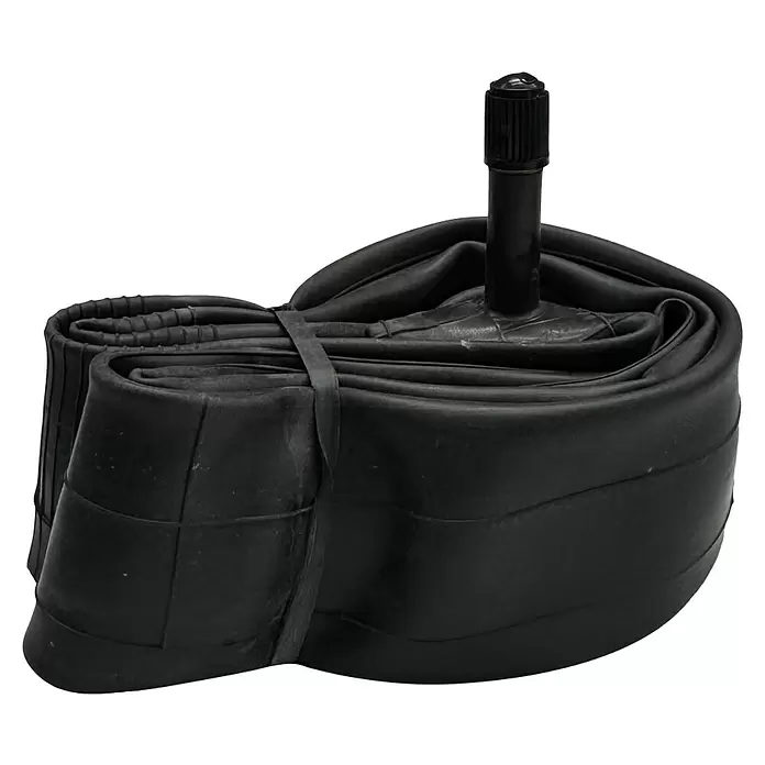 Fahrradschlauch - Pannensicher, 14 ", Autoventil - Schwarzer Gummi-Fahrradschlauch, ordentlich gefaltet, mit sichtbarem Ventil.